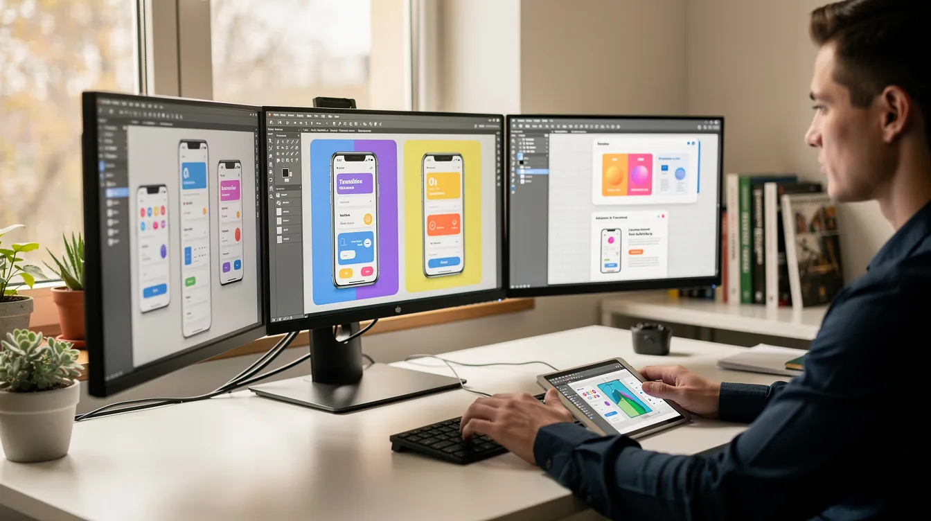 A designer sits at a modern desk surrounded by multiple monitors displaying colorful UI layouts and various design software interfaces, illustrating the integration of human creativity and AI tools in the design process. This scene captures the essence of human-AI collaboration, where critical thinking and design thinking come together to solve design problems and generate ideas.