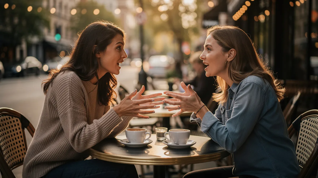 A couple is engaged in an animated conversation at an outdoor café, with coffee cups placed between them, showcasing a moment of emotional connection and mutual respect. Their lively discussion reflects shared interests and values, essential for building relationship compatibility and long-term relationship success.