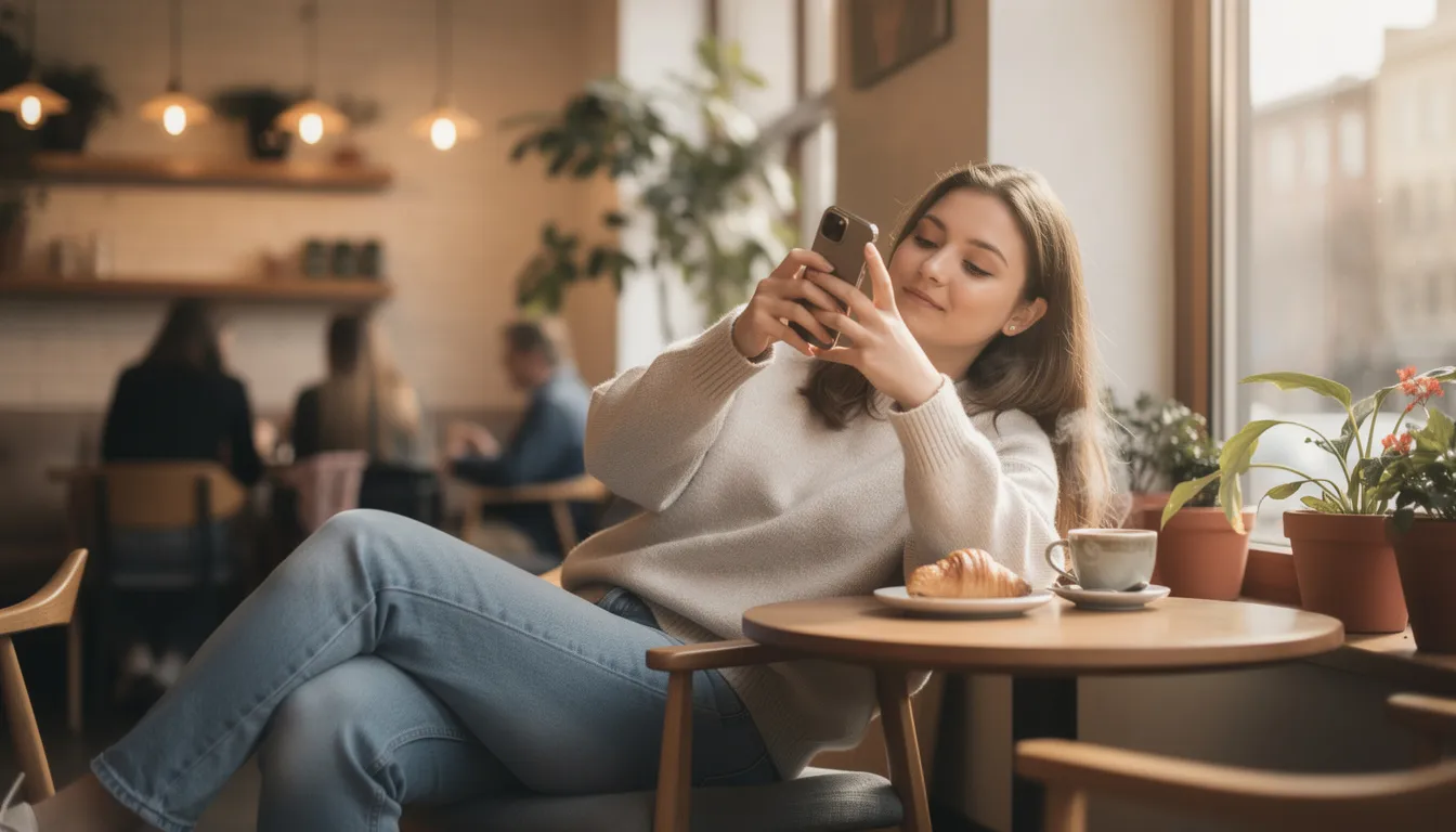 A person is sitting comfortably in a cafe, using a smartphone to send a message and check their email. The relaxed atmosphere is enhanced by the cozy seating and warm lighting.
