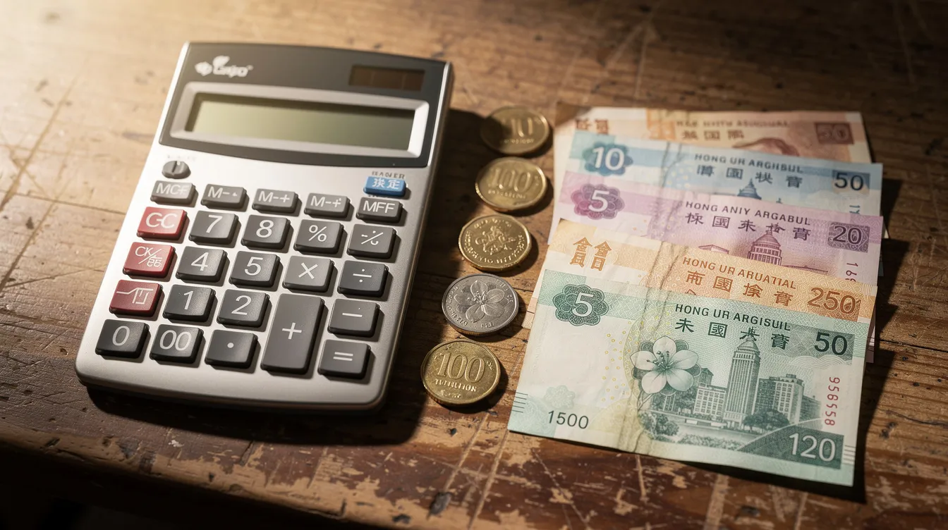 The image shows a calculator placed next to a collection of Hong Kong dollar coins and banknotes on a wooden desk, illustrating a financial setting that could relate to 清 數 or managing personal finances. The various currency notes and coins suggest a focus on budgeting, possibly for a loan or repayment plan.