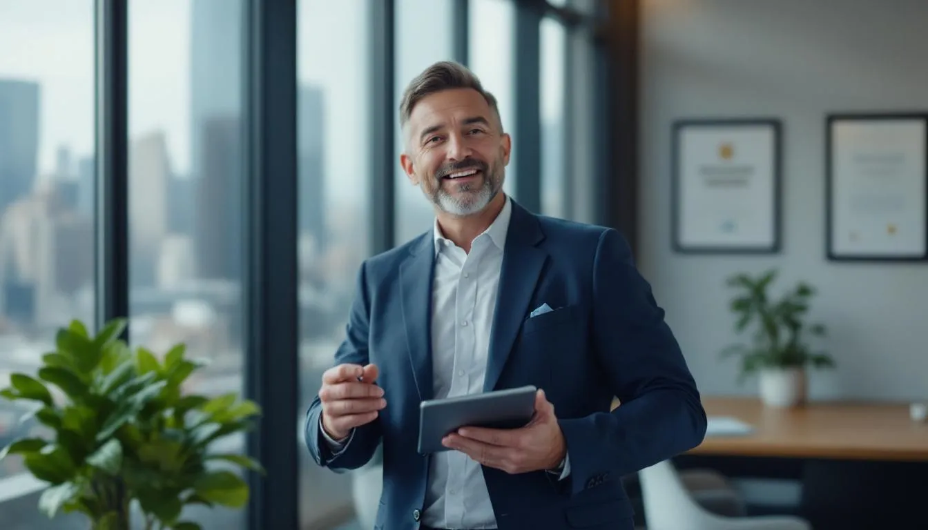 A confident small business owner stands in their office, smiling after successfully navigating the financial process of securing funding. Their positive demeanor reflects the satisfaction of making a strategic decision that will enhance their business's ability to grow and thrive.