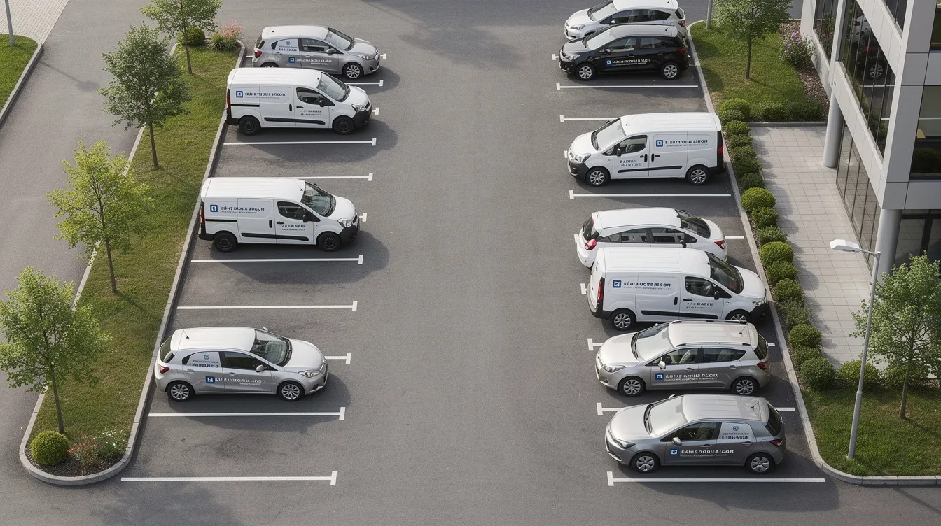 Die Bildaufnahme zeigt mehrere Firmenfahrzeuge auf einem Firmenparkplatz aus der Vogelperspektive. Diese Szene vermittelt einen Überblick über den Fuhrpark und könnte im Kontext von Lösungen wie dem Vimcar Fahrtenbuch stehen, das eine einfache Verwaltung der Fahrzeuge ermöglicht.