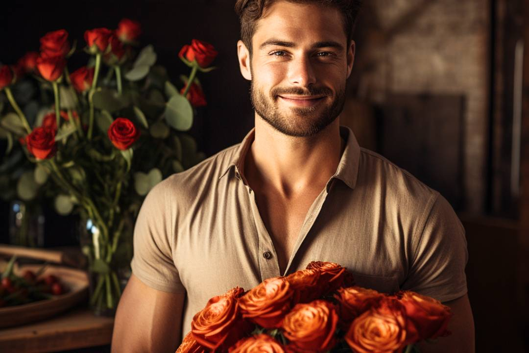 man holding a rose bouquet, red roses in background make a perfect gift to brighten someone's day delivered same day - Flower Guy