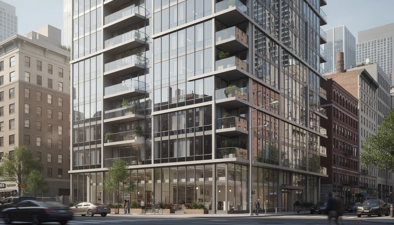 A modern glass-fronted apartment building with multiple balconies stands prominently in an urban city center, showcasing potential investment opportunities in property. This residential property reflects the vibrant UK property market, appealing to both seasoned investors and potential tenants seeking high-quality living spaces.