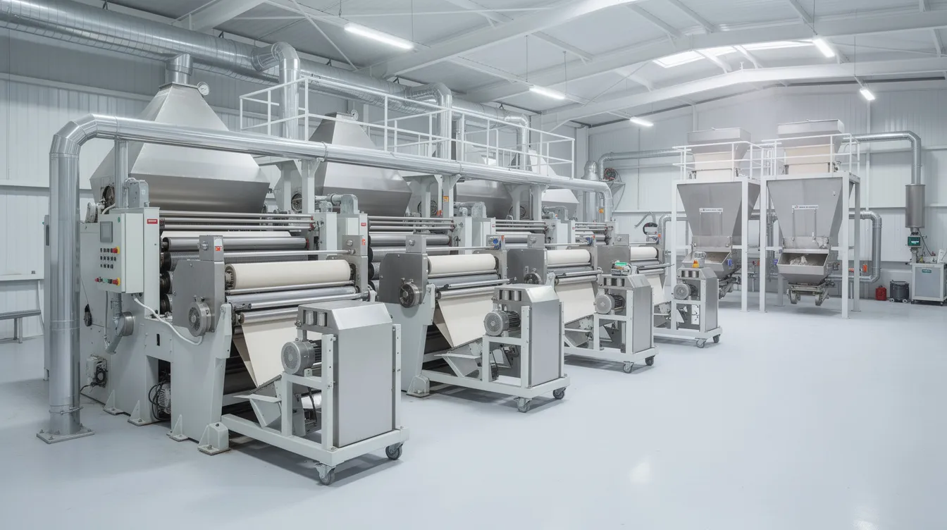 The image depicts an industrial roller flour mill equipped with multiple roller stands and advanced sifting systems, showcasing the machinery used in flour milling processes. This setup is essential for producing various types of wheat flour, including standard and specialty flours, while ensuring quality control and process consistency.