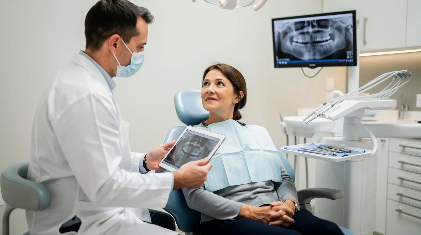 A dentist is consulting with a patient, discussing various orthodontic treatment options, including the benefits of Invisalign clear aligners compared to traditional braces. The conversation also covers aspects like treatment costs, insurance coverage, and payment options to help the patient make an informed decision about their smile goals.