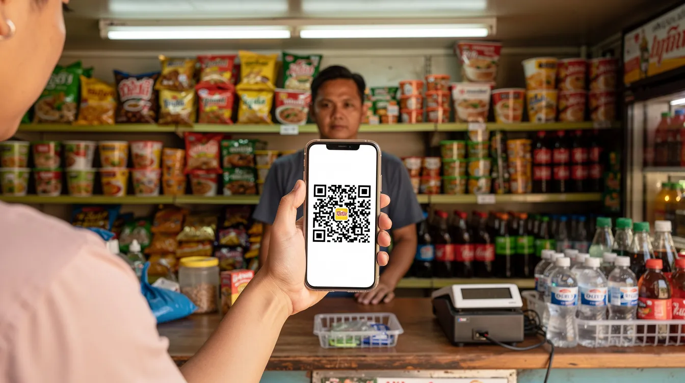 A person is holding a smartphone displaying a QR code at a Thai convenience store counter, utilizing popular digital payment methods like Rabbit Line Pay to make a quick transaction. This scene highlights the growing trend of QR payments in Thailand's digital banking landscape.