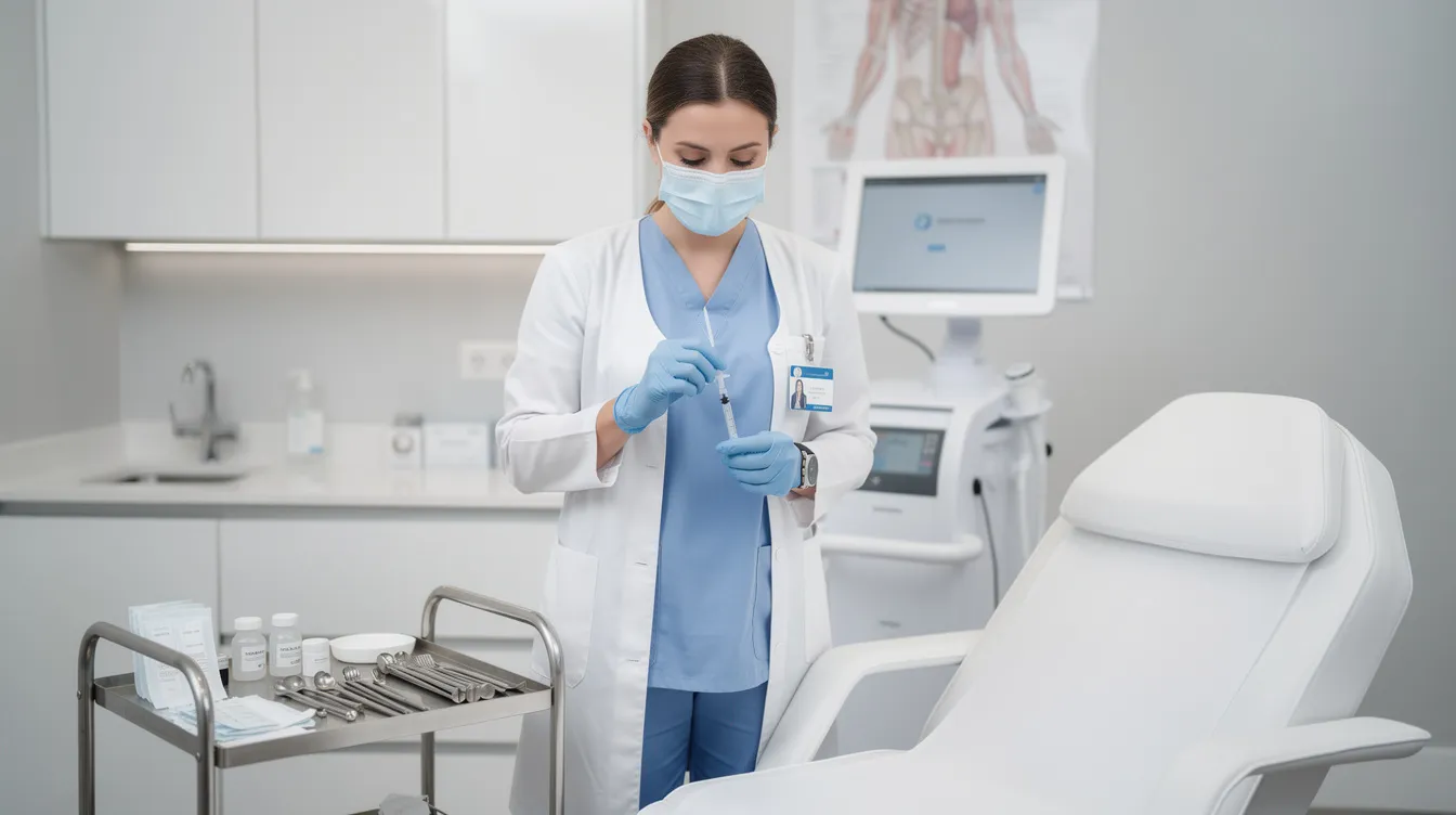 A medical professional in a clean clinical setting is preparing for a cosmetic treatment involving lip fillers, specifically hyaluronic acid lip fillers, to enhance the patient's lips. The practitioner is likely applying topical numbing cream to ensure a comfortable lip filler procedure, aiming for a natural look with subtle volume enhancement.