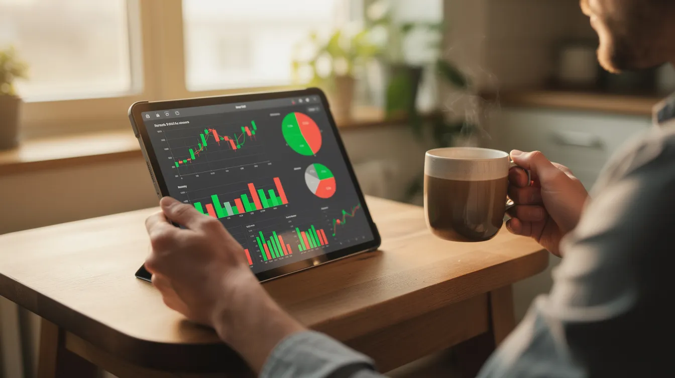 A person is sitting at a table, sipping their morning coffee while reviewing investment charts on a tablet, focusing on their retirement portfolio and investment strategy. The scene reflects a thoughtful approach to managing retirement savings and making informed investment decisions.