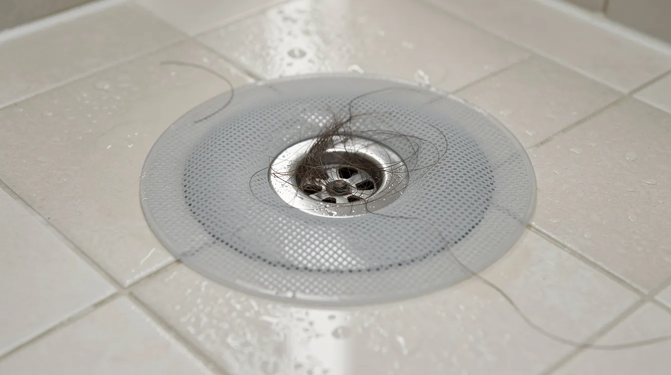 The image shows a shower drain with a silicone mesh hair catcher placed over the drain opening, designed to prevent hair and debris from causing clogged drains. This simple maintenance tool helps keep your drain clean and minimizes the need for harsh chemical cleaners.