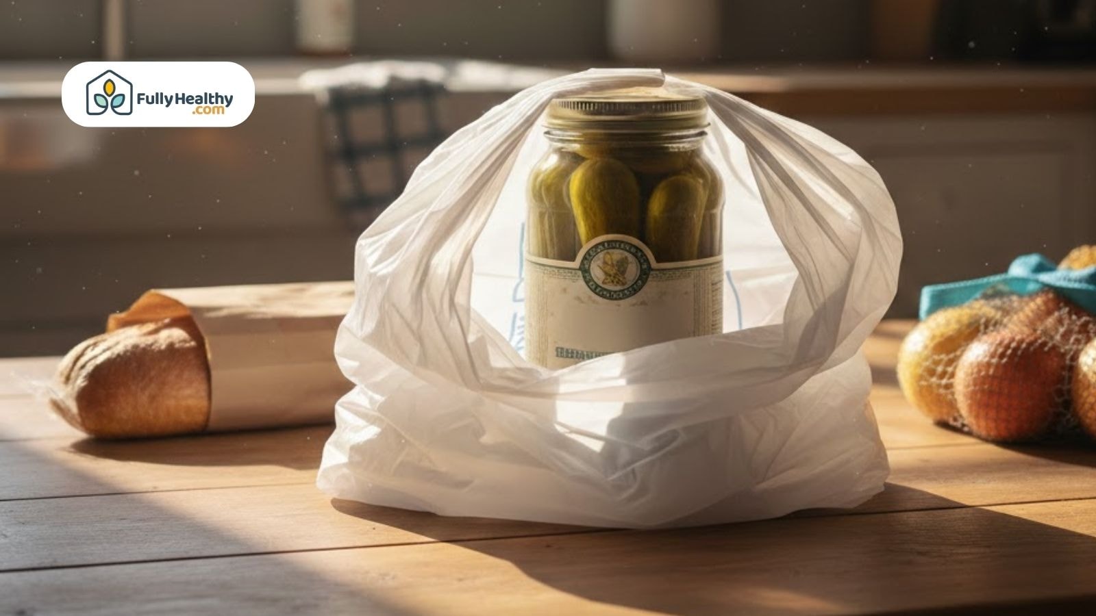 Jar of pickles left at room temperature inside a plastic bag.