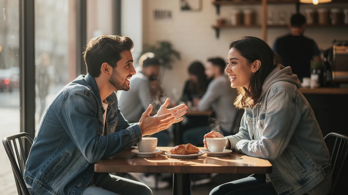 Two young adults are sitting at a cafe, enjoying coffee and engaged in a lively conversation, reflecting the modern dating scene where meaningful connections and communication play a significant role in developing successful relationships. Their relaxed demeanor suggests they appreciate each other's company, exploring both personality differences and similarities as they navigate the complexities of dating in today's world.