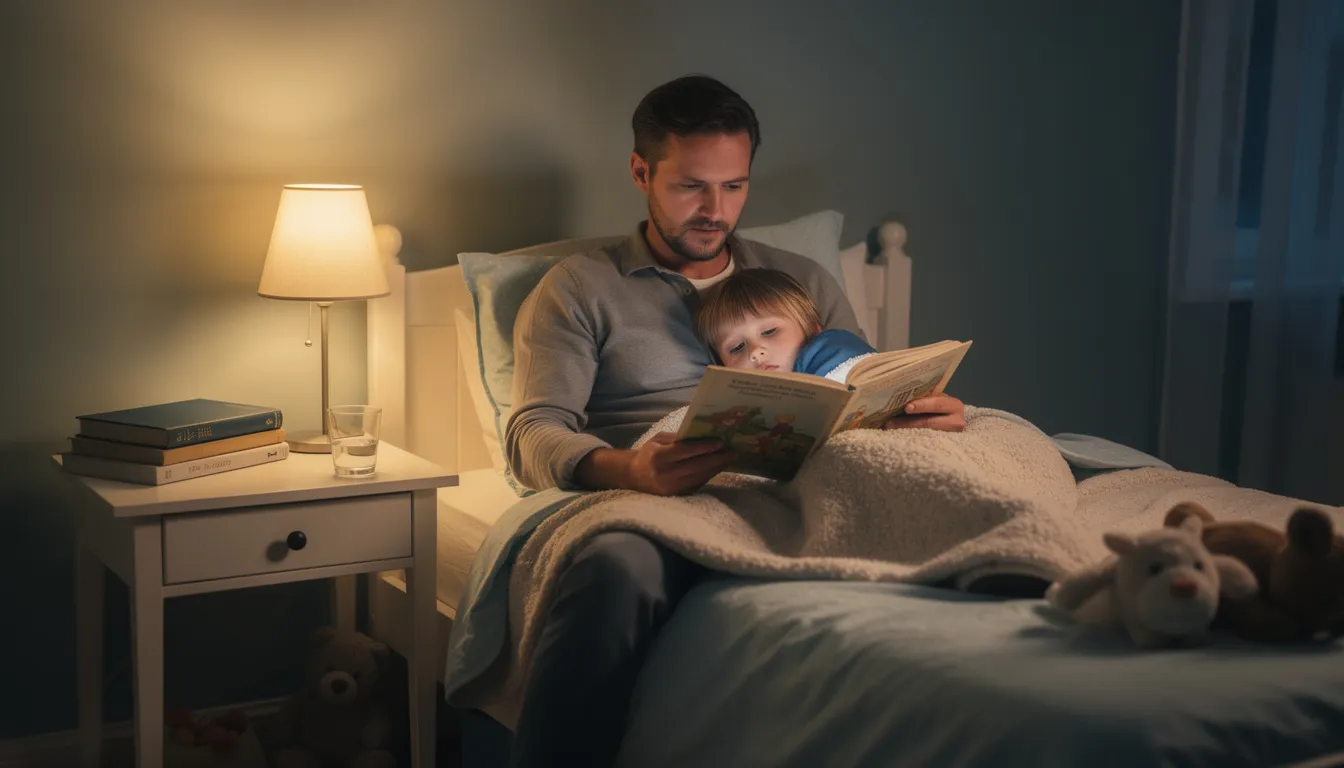 A father sits beside his child in a softly lit room, reading a bedtime story, creating a peaceful moment filled with warmth and emotional connection. This intimate scene reflects the strong bond and presence of a caring dad, fostering a sense of security and wonder in the child's life.