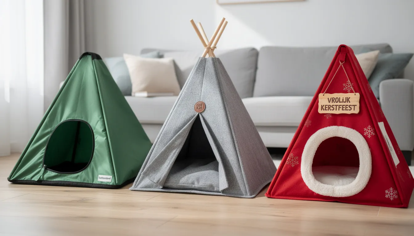 Drie verschillende kattententen staan naast elkaar: een groene nylon kattentent, een grijze vilten tipi tent met houten stokken, en een rode kerst-thema tent. Deze praktische tenten bieden een heerlijk plekje voor katten om te relaxen en te spelen.