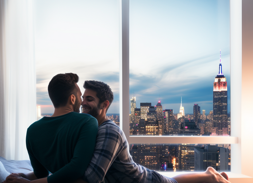 Gay couple sharing an intimate moment, showcasing their strengthened bond and happiness after successful sessions at 'Loving at Your Best Marriage and Couples Counseling PC