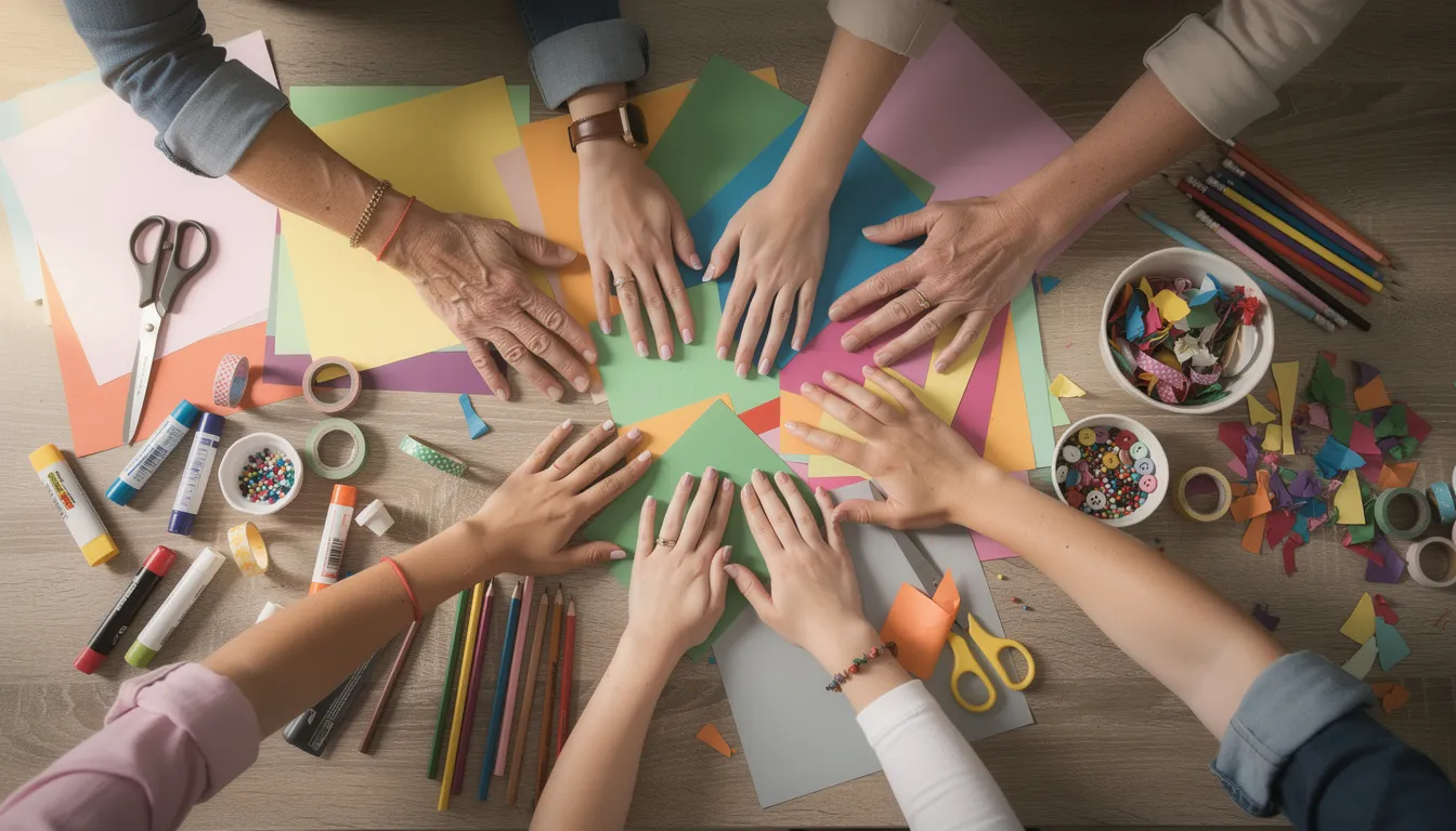 A diverse group of hands is gathered over a table filled with colorful craft materials and paper, symbolizing teamwork and collaboration during a creative team building event. This scene captures the essence of engaging icebreaker activities that foster communication skills and build connections among team members.