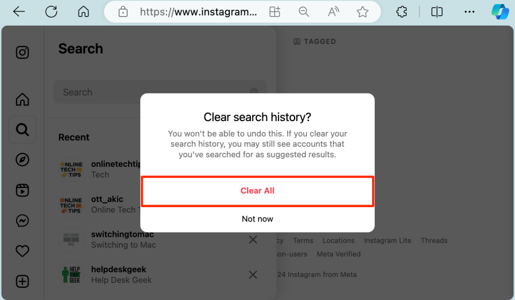 "Clear search history" confimation page in the Instagram mobile app 