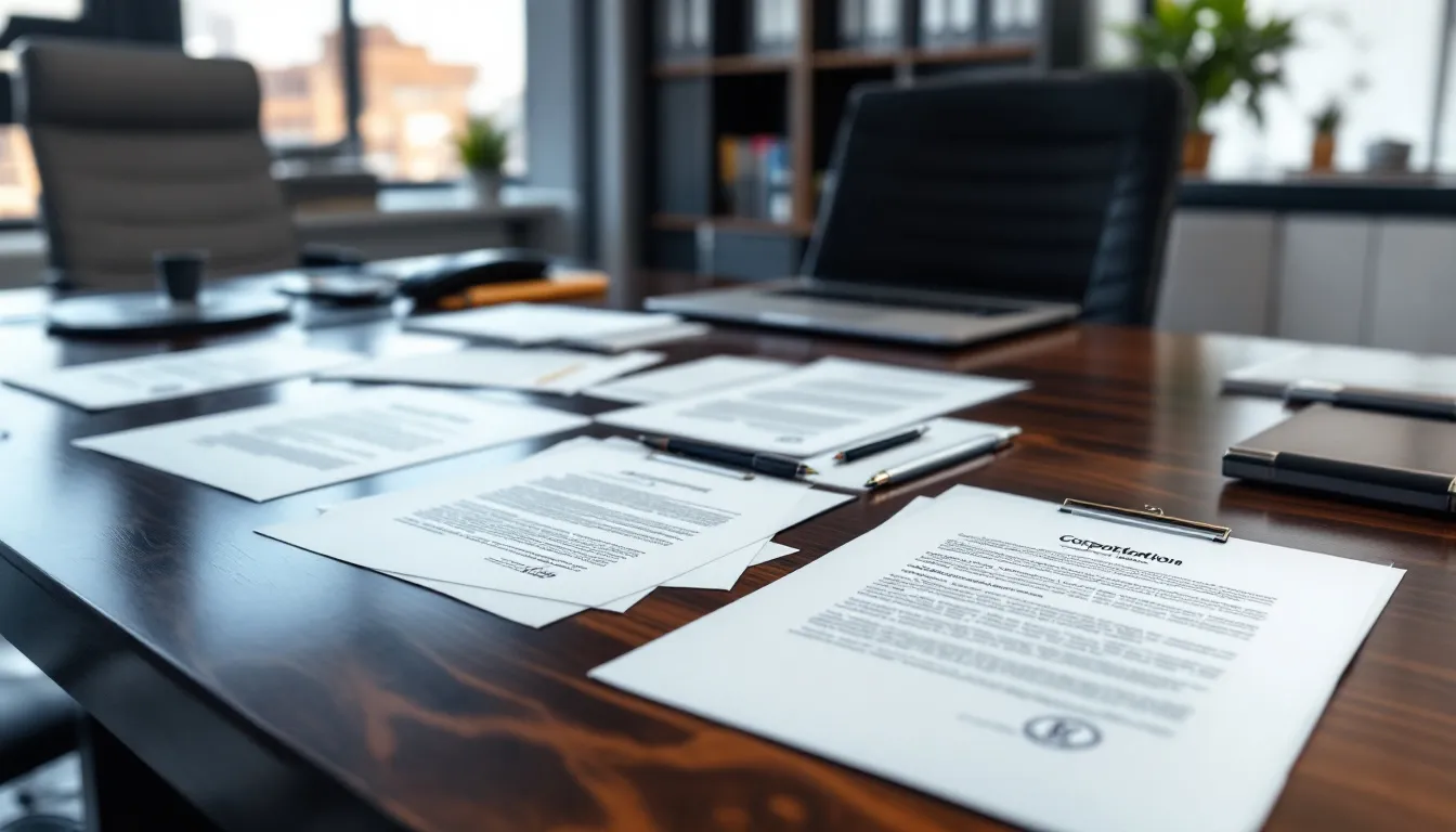 The image depicts a professional desk cluttered with legal documents and corporate formation paperwork relevant to management services organizations (MSOs) and healthcare practices. These documents may include management services agreements and compliance materials essential for healthcare providers and medical practices to navigate federal and state regulations effectively.