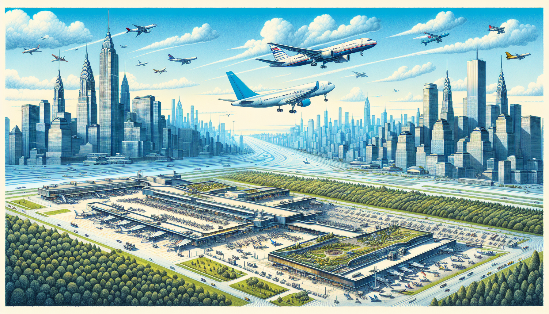 Illustration of the airports in New Orleans and New York.