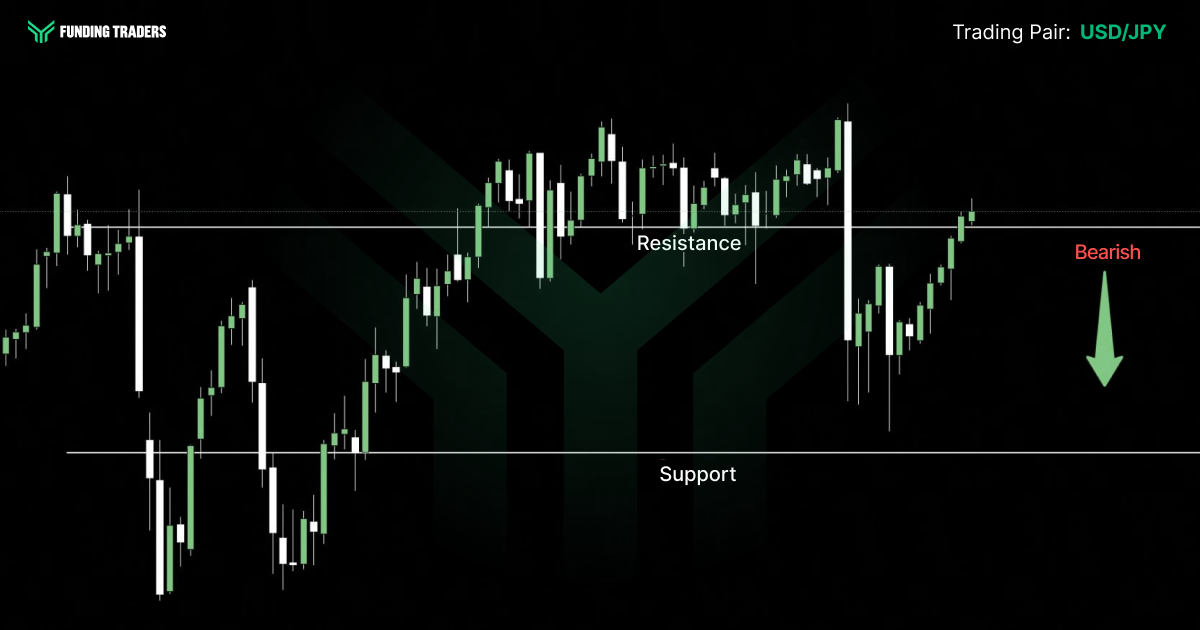USD/JPY candlestick chart from Funding Traders showing price testing the resistance level after recovering from support, with a bearish outlook indicated by a red label and downward arrow.