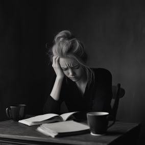 woman with a headache sitting at a desk