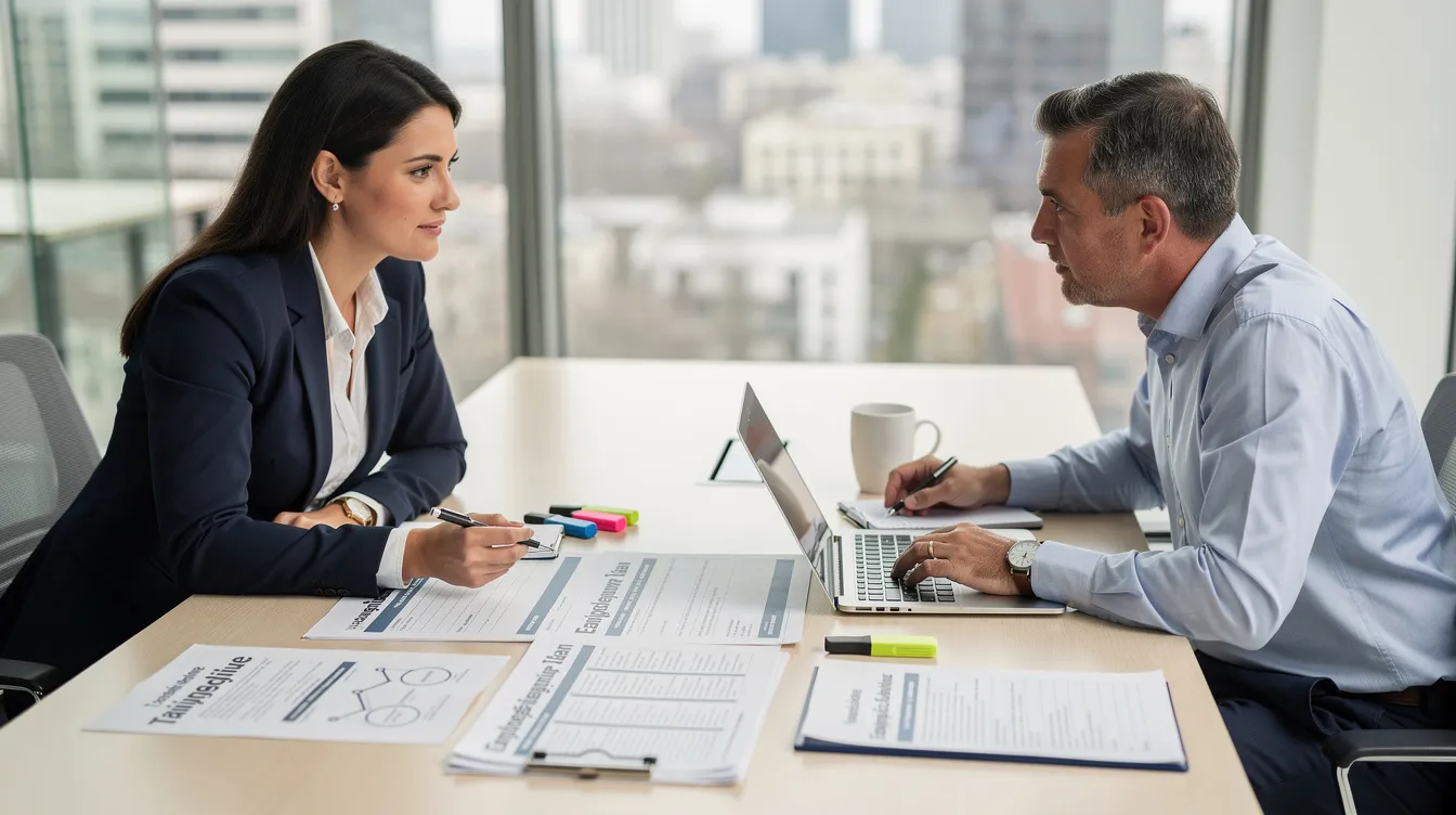 Two professionals are seated at a table, engaged in a discussion about a training plan, surrounded by documents and a laptop. They are likely focusing on developing training materials that align with learning objectives and intended learning outcomes, utilizing their instructional design expertise to address performance gaps and enhance adult learning principles.