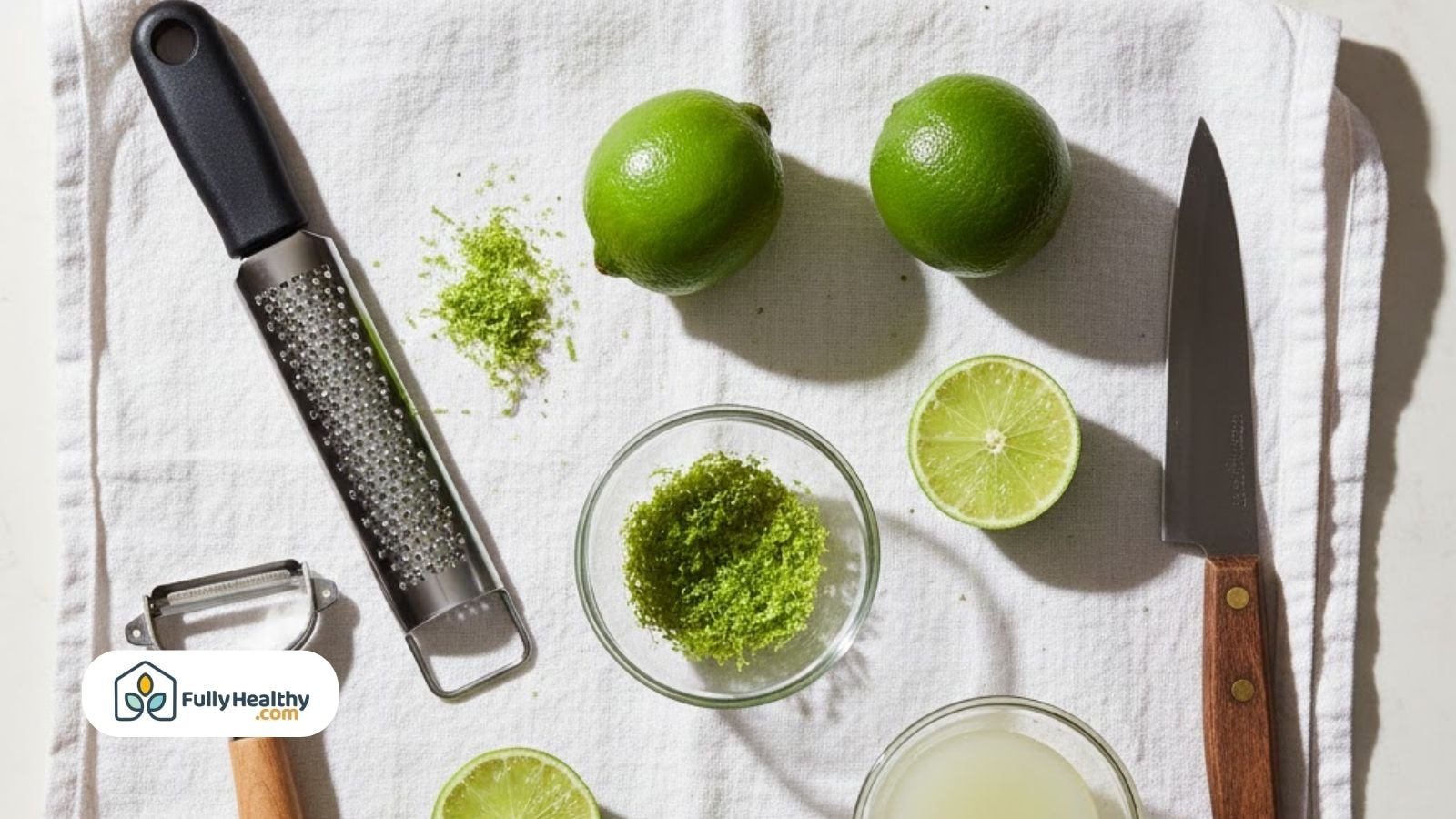 Flat lay of limes, zest, grater, knife, and citrus juice on towel