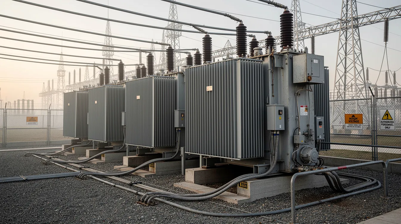 The image depicts a row of large industrial electrical transformers at a commercial power distribution site, essential for powering large data centers in Central Texas. These transformers play a crucial role in ensuring electric reliability for energy companies and technology developers operating within the region.