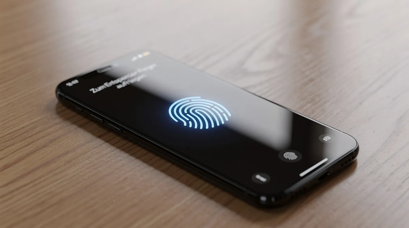 Ein Smartphone liegt auf einem Tisch, auf dessen Display ein Fingerabdruck-Symbol zu sehen ist, das auf die Sicherheitsfunktionen wie Fingerprint-Login hinweist. Diese Funktion könnte für die Anmeldung bei der Terminheld-App nützlich sein, um Patientendaten und Termine sicher zu verwalten.