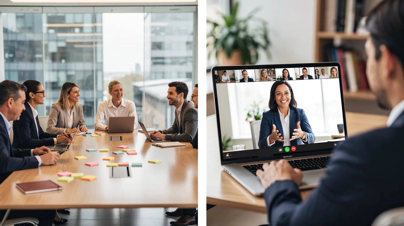The image shows a split-screen view featuring a group of people in an office conference room, smiling and engaged in a discussion, alongside a person on a video call, also smiling. This scene captures the essence of team collaboration and effective team building, highlighting the importance of both in-office and virtual interactions for fostering strong relationships and enhancing company culture.