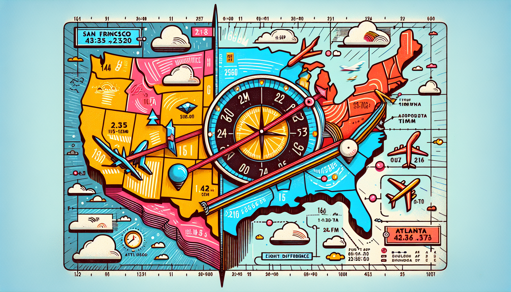 A diagram illustrating the distance and time difference between San Francisco and Atlanta.