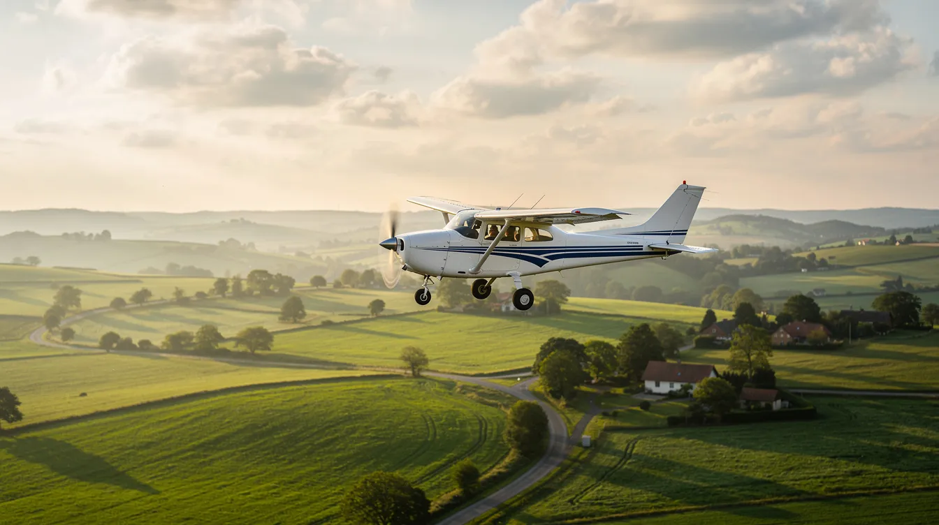 A small single-engine Cessna aircraft is flying over a lush green countryside landscape, showcasing the scenic beauty often appreciated during solo cross country flights by private pilots. The image captures the essence of flight training and the freedom of flying, as the aircraft navigates through clear skies above rolling hills and fields.
