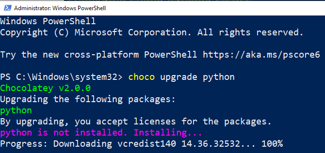 Chocolatey upgrading python in the Windows PowerShell