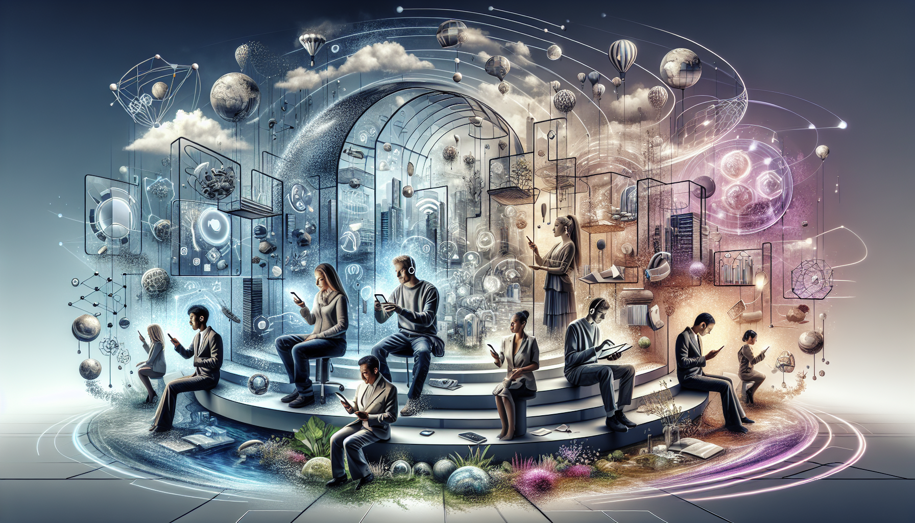 Futuristic illustration depicting a diverse group of people using mobile devices in various environments, showcasing accessibility features like screen readers and voice commands. The scene emphasizes inclusivity and the importance of mobile-first design in enhancing user experience for individuals with disabilities and those in areas with limited internet connectivity.