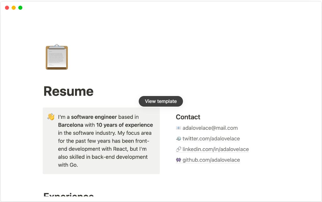 notion template - resume