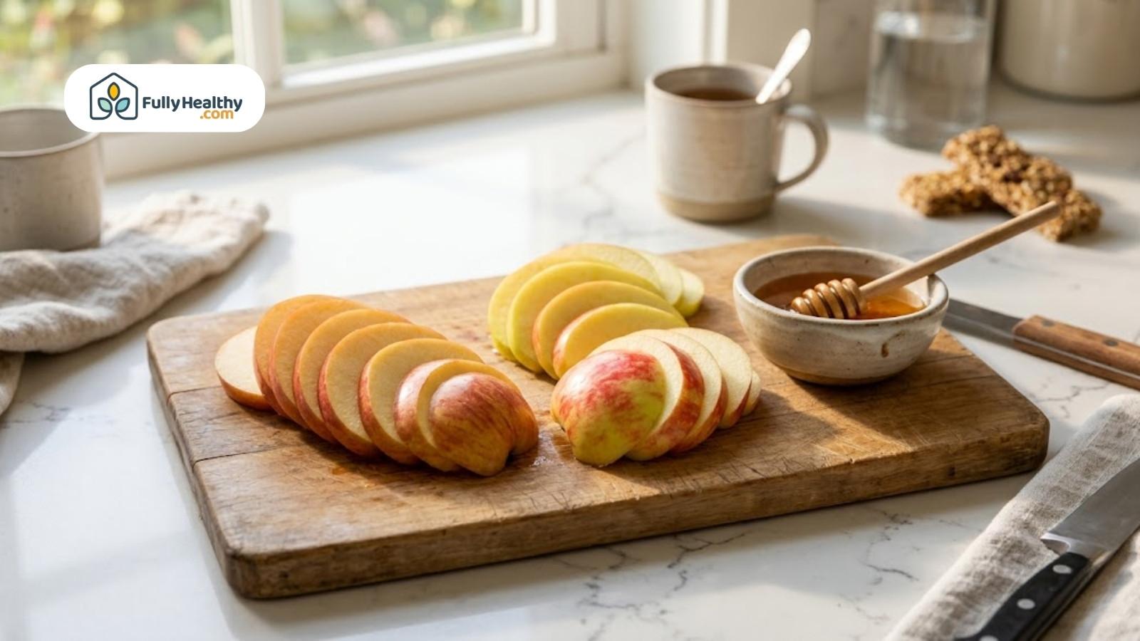 Sliced apples arranged on wooden board with honey dip and knife
