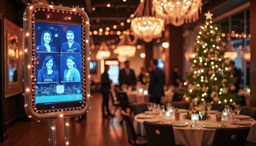 Branded photo opportunity area at a corporate holiday party.