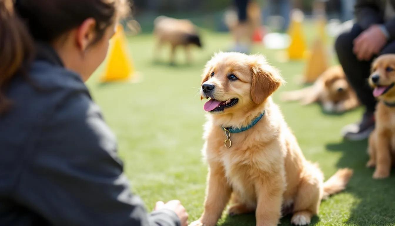 In the image, a tiny dog breed, likely a Yorkshire Terrier, is actively participating in a puppy training class alongside other small dogs. The scene captures the excitement and energy of the small dog breeds as they engage in obedience training with their owners.