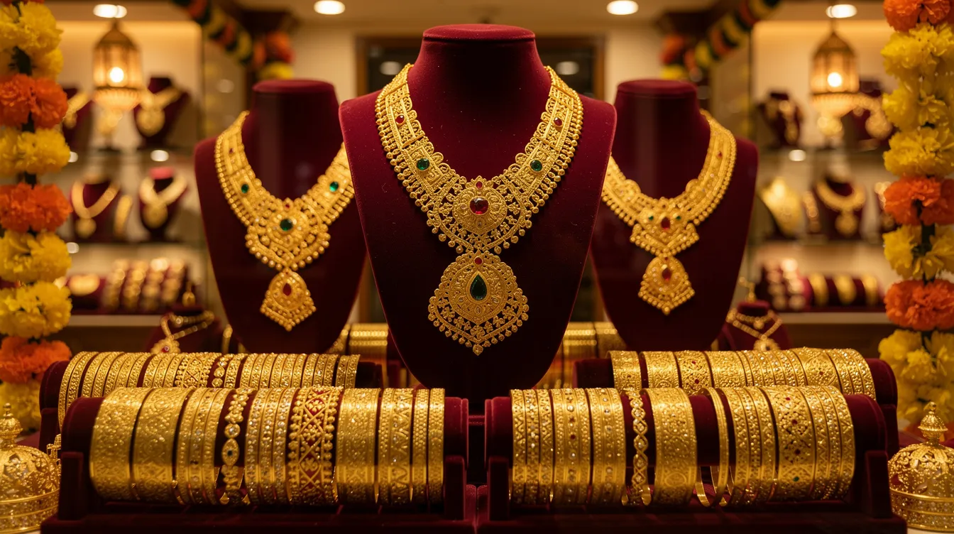 a5f7592e 225e 4e5c 9c57 9c581b883f58 The image features a vibrant jewellery shop display showcasing traditional gold necklaces and bangles, highlighting the beauty and craftsmanship of gold jewellery. This festive arrangement reflects the allure of the gold market, attracting potential customers interested in the jewellery industry.