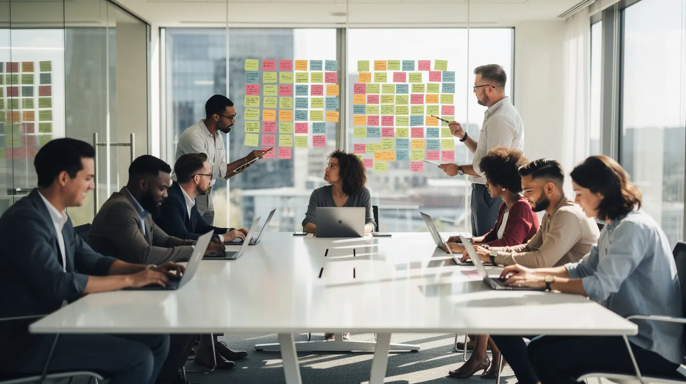A diverse team of professionals is gathered around a conference table, actively discussing their digital marketing strategy while surrounded by laptops and colorful sticky notes on a glass wall. The collaborative atmosphere suggests a focus on effective digital marketing tactics and planning to engage their target audience.