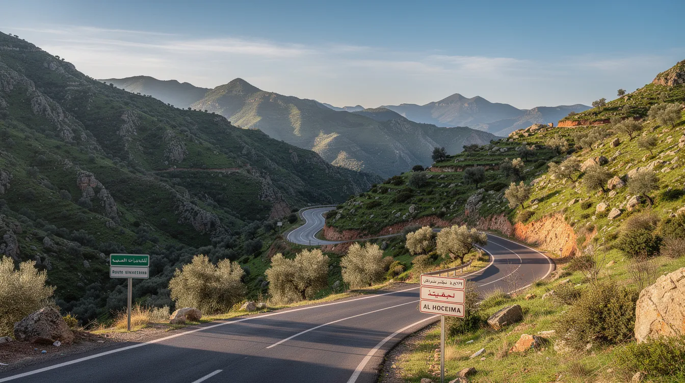 Une route sinueuse traverse les montagnes du Rif, entourée de paysages verdoyants sous un ciel dégagé. Cette vue panoramique évoque une expérience de location de voitures à Nador, idéale pour explorer la région orientale du Maroc.