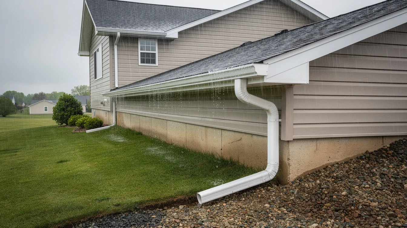 This image depicts a Capital Region home featuring seamless gutters and downspouts effectively directing rainwater away from the foundation, ensuring protection against water damage. The clean and well-maintained gutter system enhances the home's curb appeal while providing a reliable solution for managing heavy rainfall.