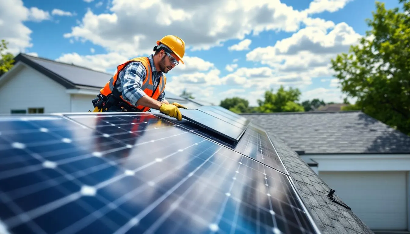 Un électricien professionnel installe des panneaux solaires sur le toit d'une maison, illustrant l'engagement envers l'énergie solaire et les solutions d'énergie renouvelable. Ce projet, situé dans la région de Trois-Rivières, met en avant l'expertise et la précision nécessaires pour garantir une installation conforme et sécurisée.
