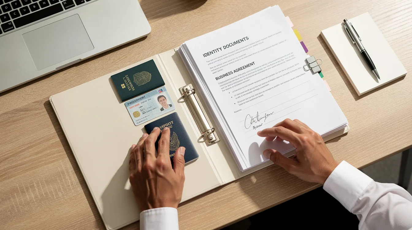 a6013073 db5f 4b65 87c6 38a2b6be8008 The image shows a person carefully organizing a folder filled with identity documents and business papers, such as bank statements and business registration forms, on a wooden desk. This setup reflects the importance of having all necessary documents ready for a mudra loan application or other business financing needs.