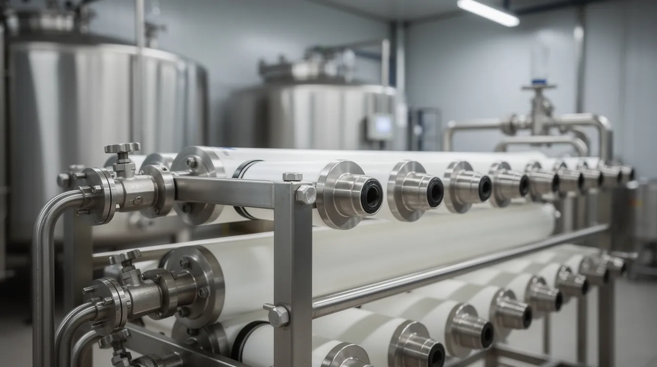 a60260e5 6abd 4d4a 8044 600aae128caf The image features a close-up view of industrial ultrafiltration membrane modules neatly arranged in a stainless steel rack within a dairy processing plant, highlighting essential equipment used in the whey protein manufacturing process. These advanced membrane filtration systems play a crucial role in the production of whey protein concentrate and isolate, ensuring quality and efficiency in the whey protein industry.