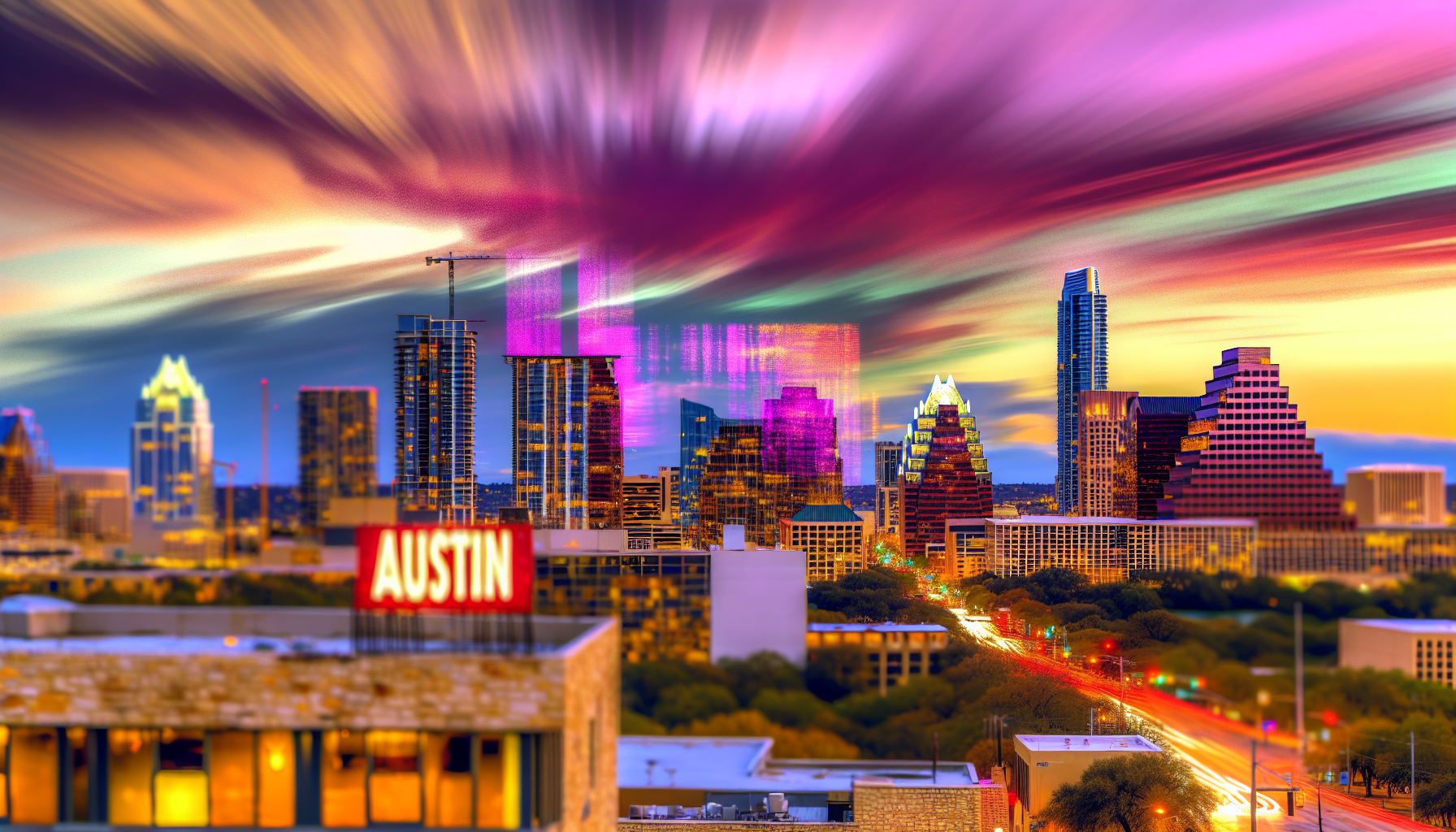 A panoramic view of Austin's skyline with the iconic city limits sign, embracing the heart of Texas