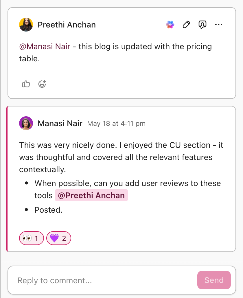 Example of approval use case using the comments feature of ClickUp
