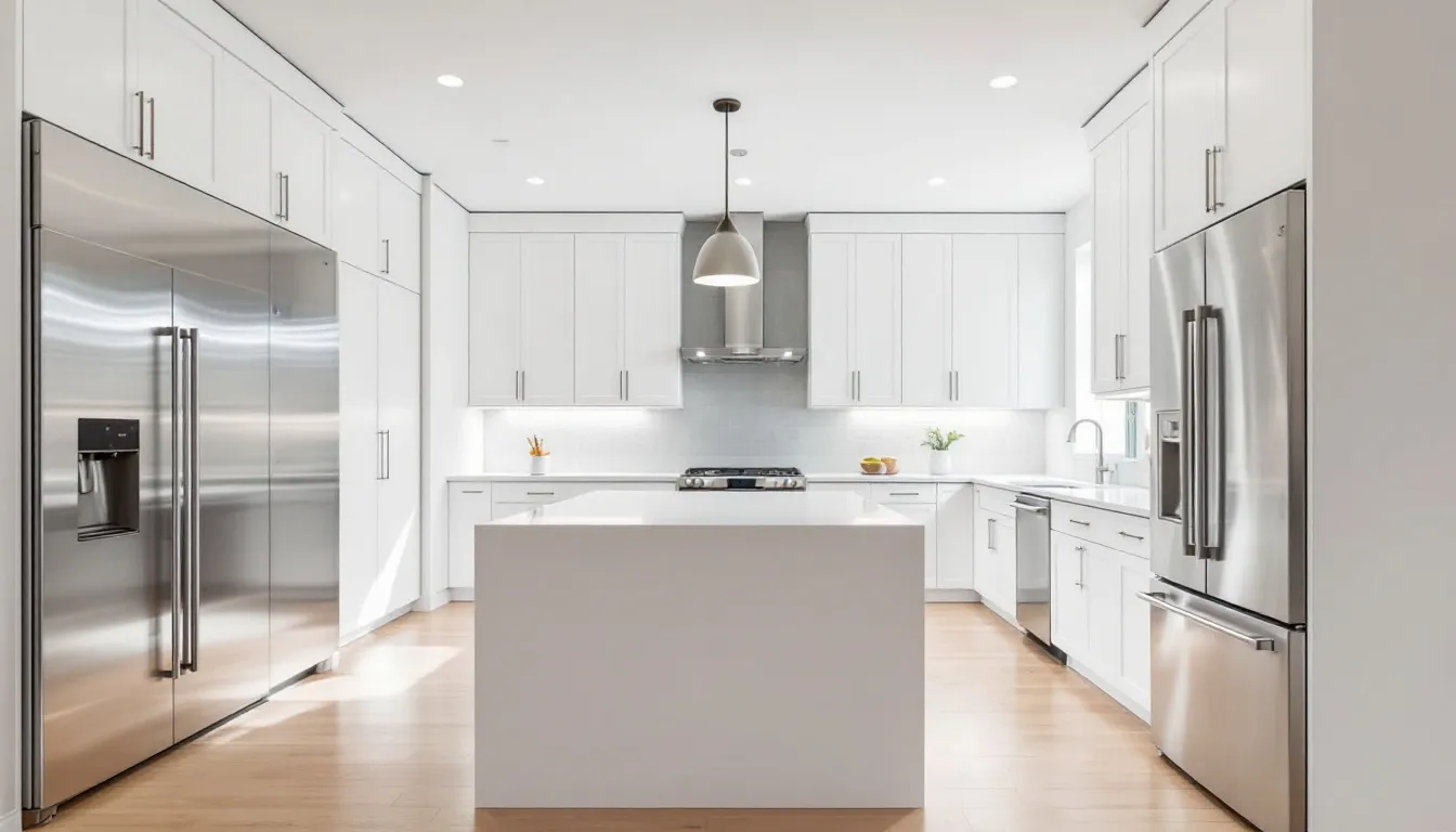 The image showcases a modern kitchen featuring stylish slim shaker cabinets in white, complemented by sleek hardware and contemporary lighting, creating a minimalist aesthetic with clean lines. This design is perfect for homeowners seeking a sophisticated and functional space that maximizes visual interest.