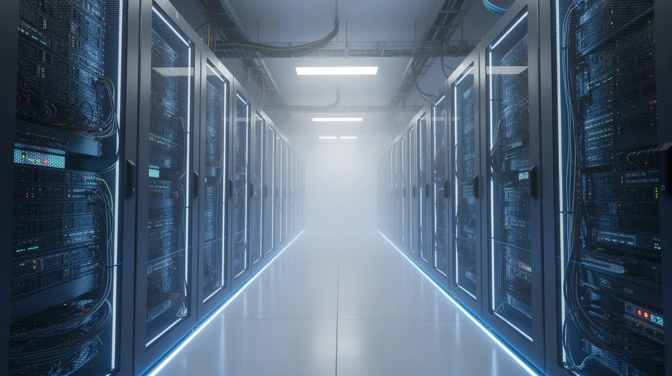 Das Bild zeigt einen modernen Serverraum mit blau beleuchteten Racks, die eine Vielzahl von Servern beherbergen. Diese Infrastruktur ist entscheidend für die Entwicklung und den Einsatz von KI-Modellen, wie sie beispielsweise im Swiss National Supercomputing Centre in Lugano verwendet werden.
