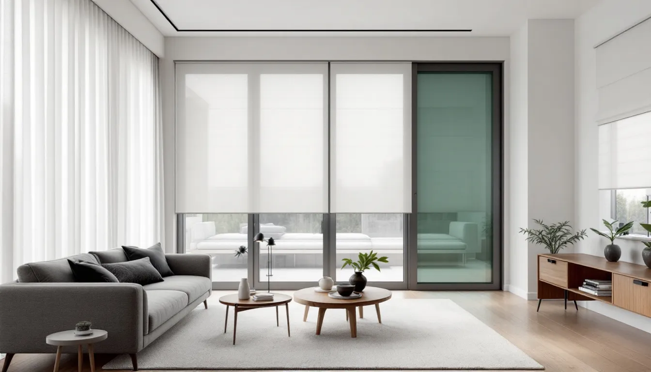 A variety of privacy blinds showcasing different styles and colors.